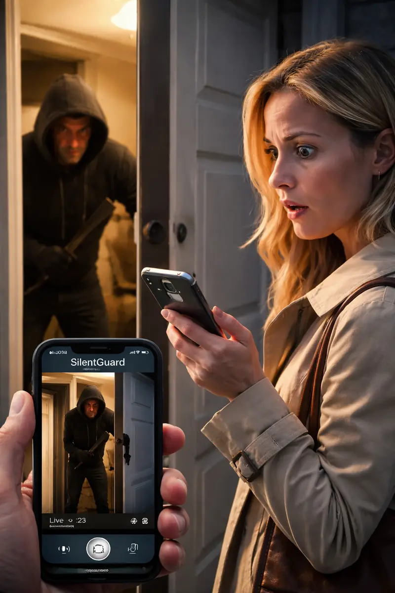 A woman sees a Silent Guard alert on her phone showing an intruder at her door